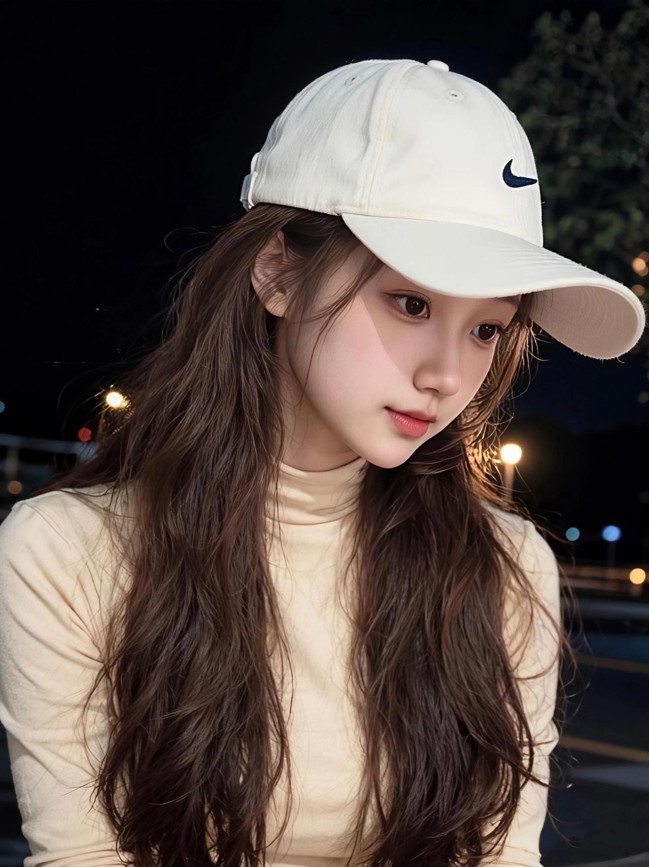 这姑娘戴着帽子，看着有点忧郁。