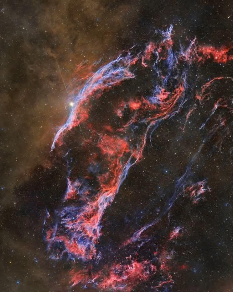 尘埃与西纱，它如此广阔，容易被忽视，天鹅座星座中的面纱星云延伸出相当于满月宽度六