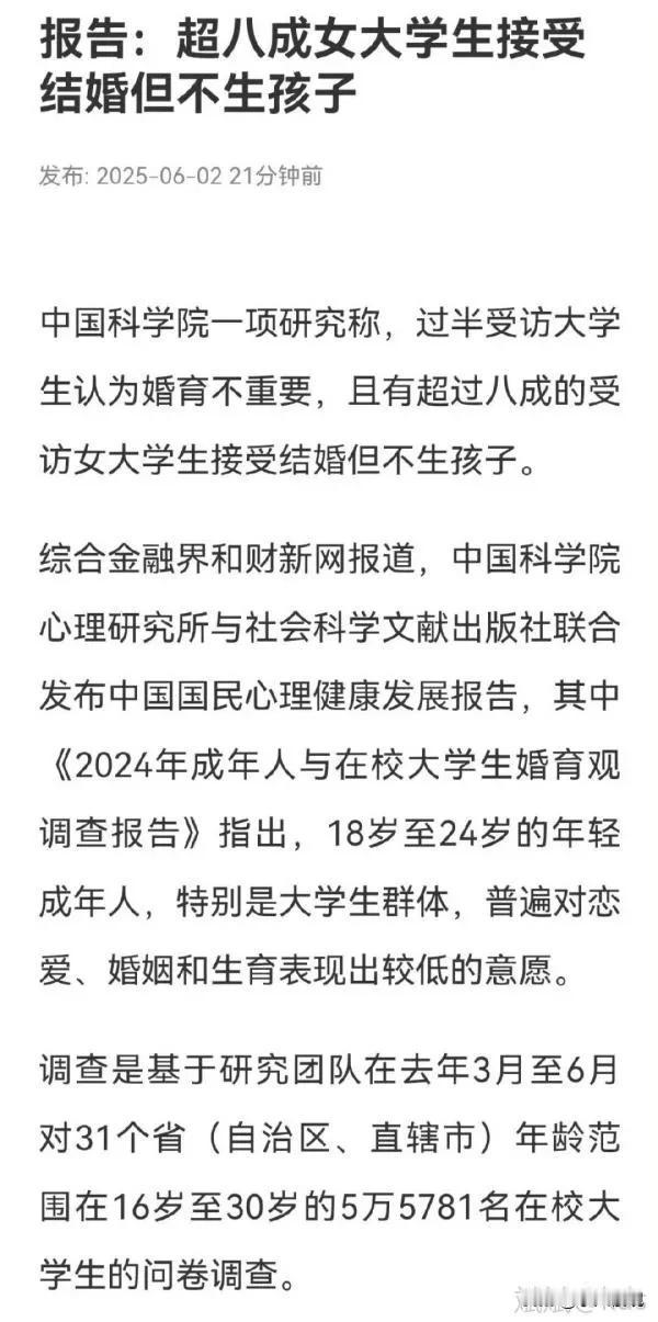 超八成女大学生结婚但不考虑生育。