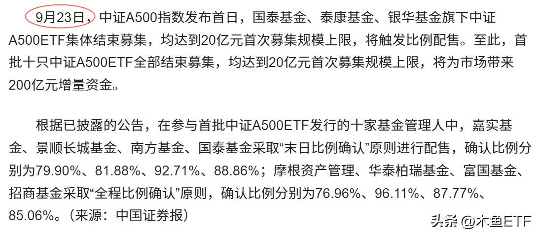基金公司因中证A500ETF面临“牛市决心”考验！

9月23日，10只中证A5