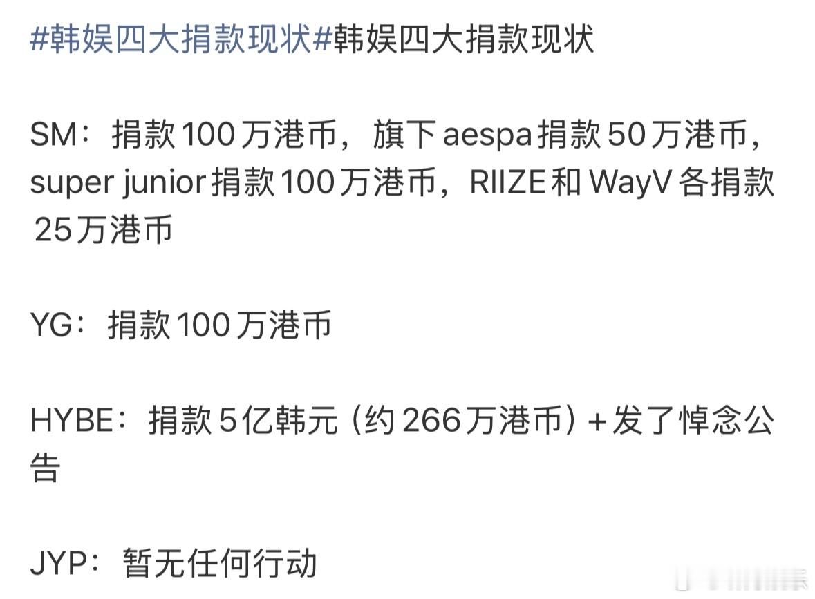 韩娱四大捐款现状 又开始拉表了？比捐多少真的很low……还是把重心放在事件本身吧