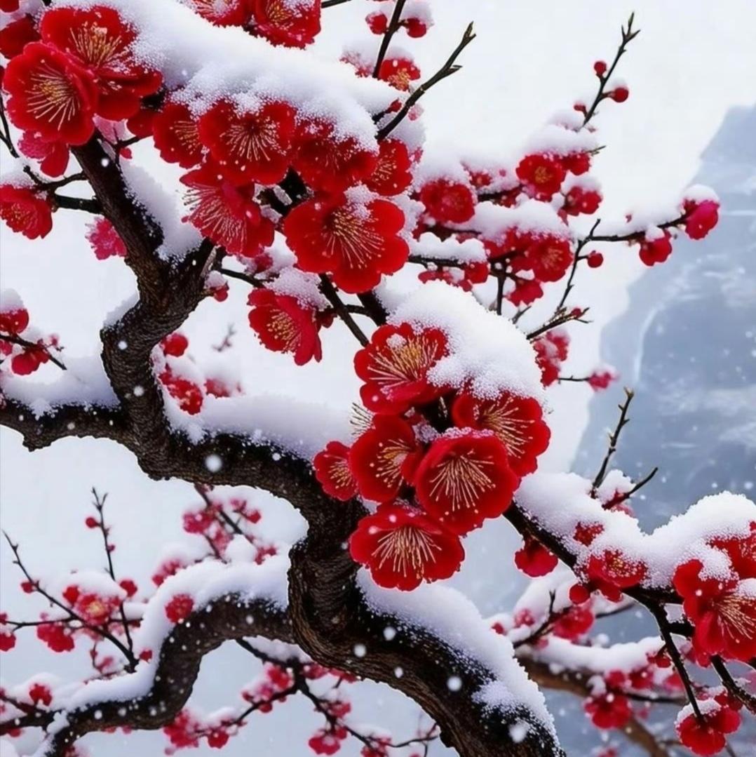 看图说话：
枝头浅蕴芳华
疏影雪中横斜
白雪红梅相映
红粉初妆无瑕