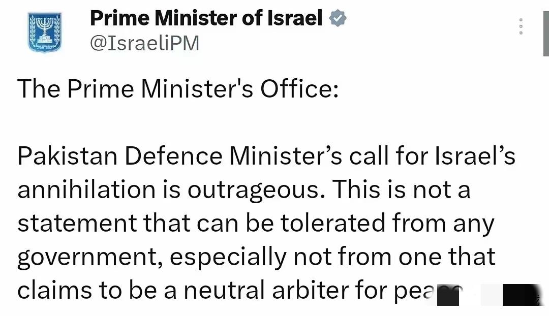 巴基斯坦国防部长指出：
“以色列是人类的祸害和诅咒。在伊斯兰堡进行和平谈判之际，