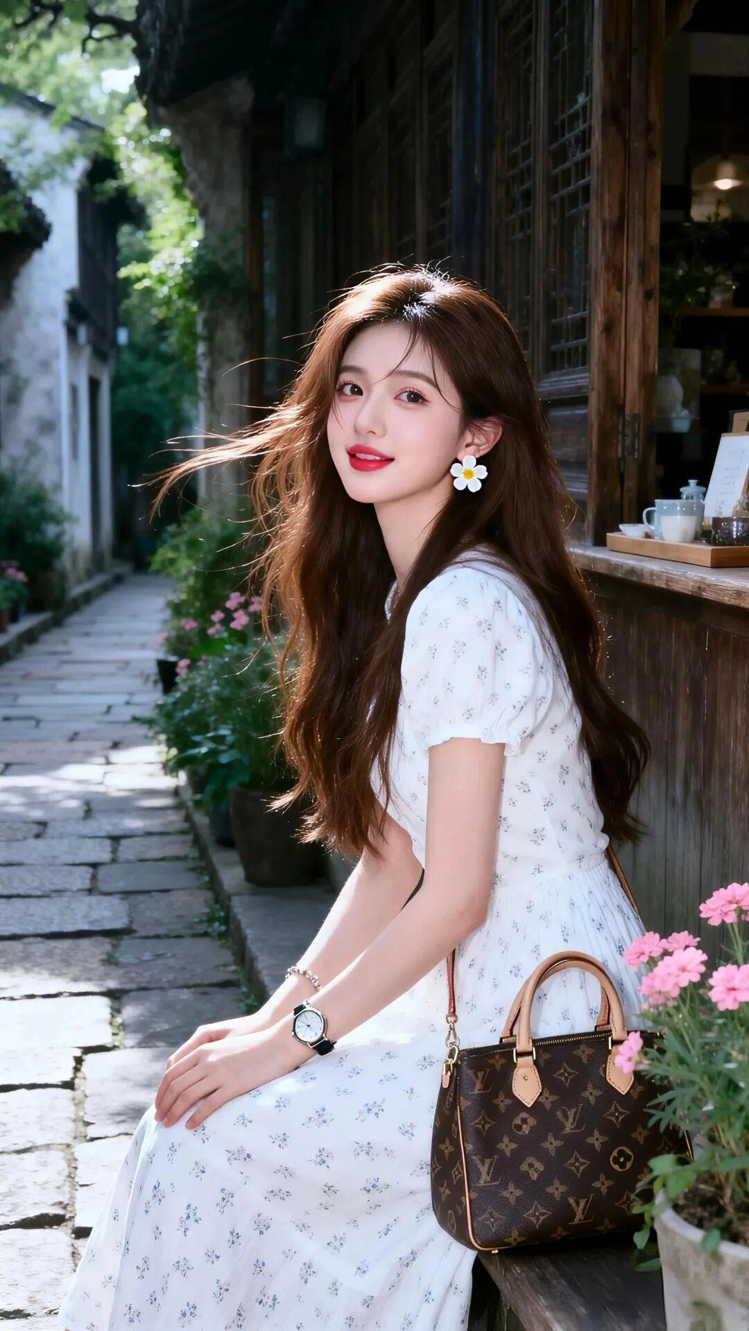 这组照片中的女孩，宛如江南烟雨中走出的清新少女，气质温婉又灵动。
她身着一袭白色