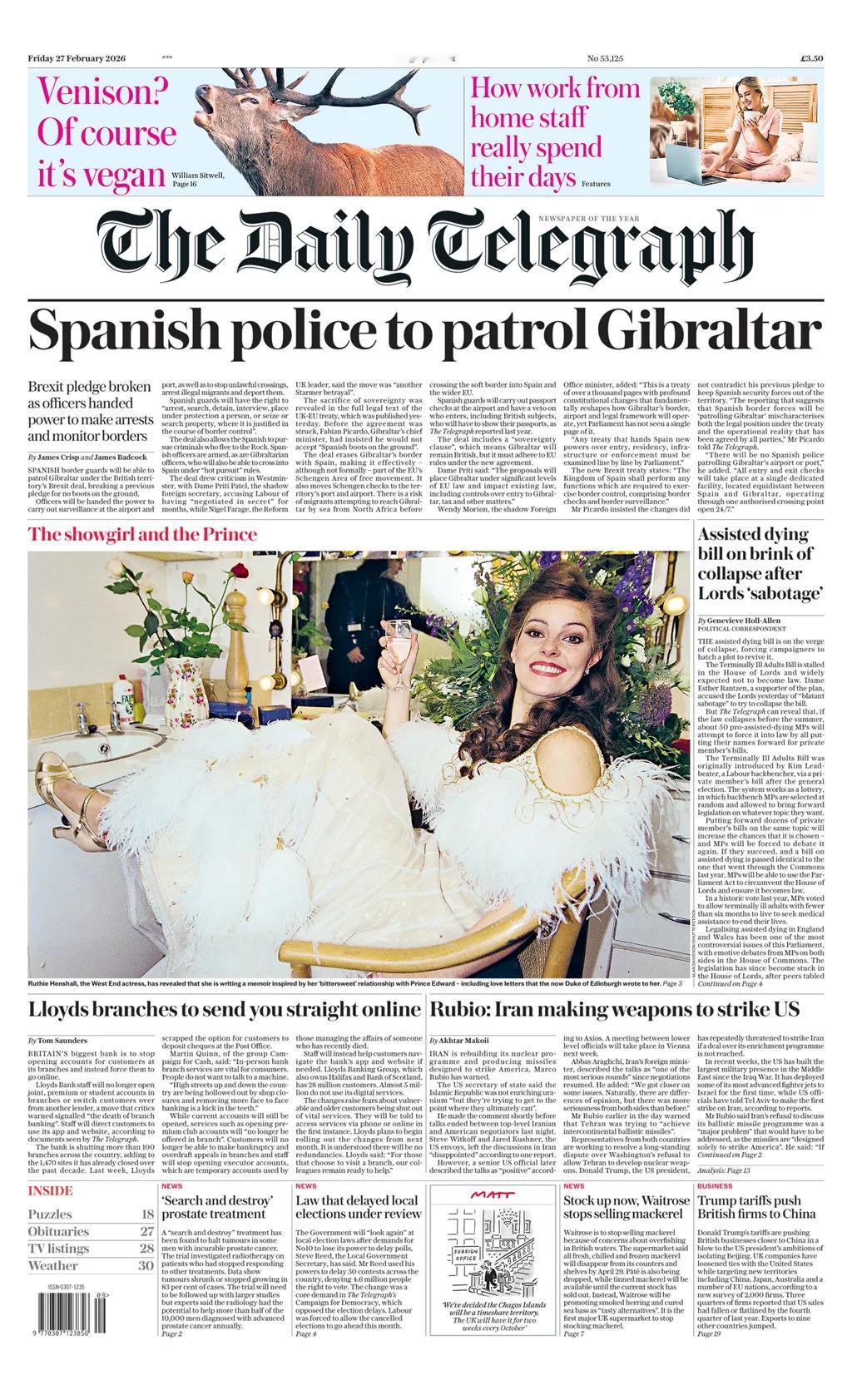 根据英国领土的脱欧协议，西班牙边防人员将能够巡逻直布罗陀，《每日电讯报》称该协议