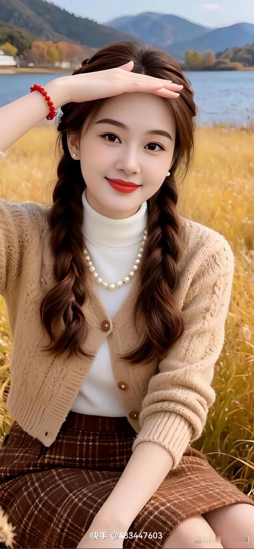 秋日野餐，甜美少女在湖边，享受美好时光