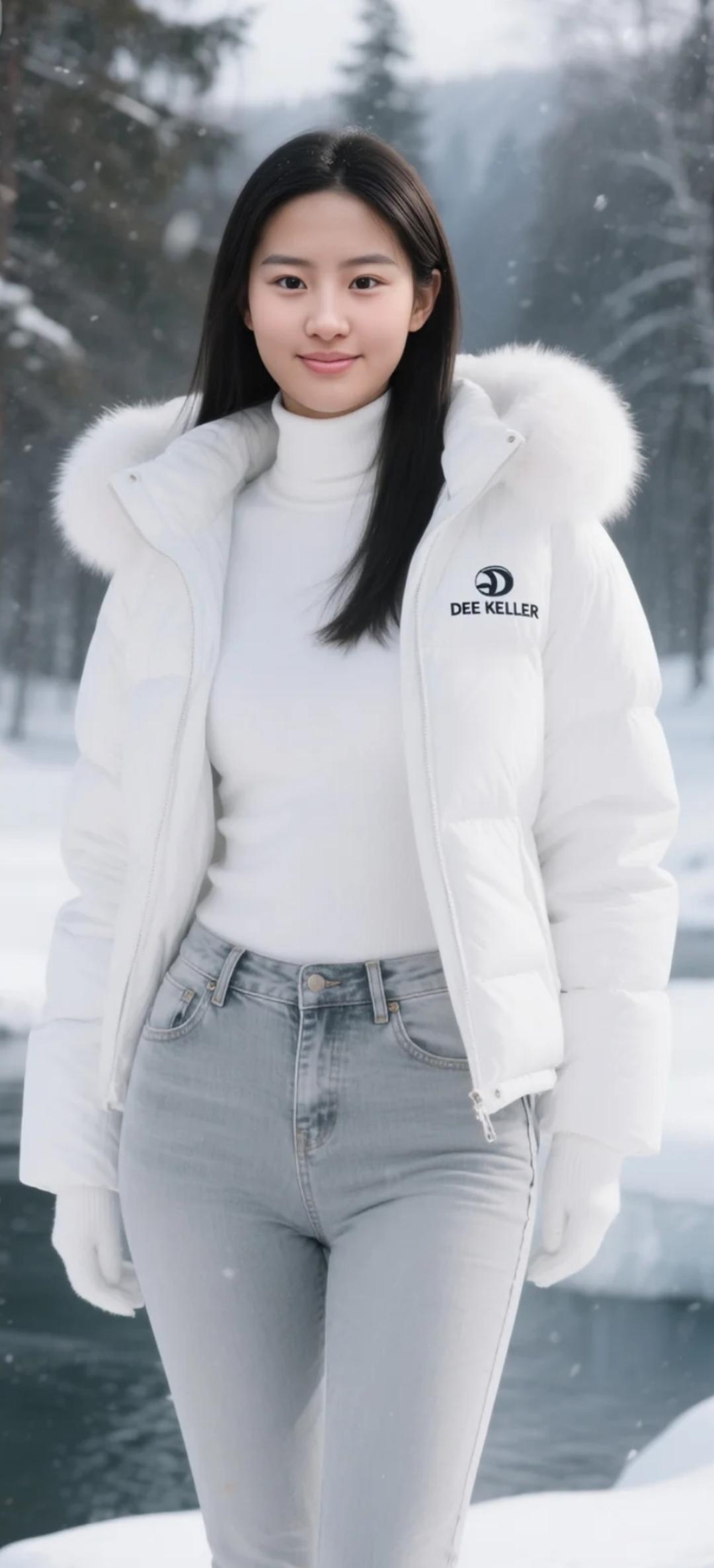 雪地一走，人像自带柔光滤镜。
不是你拍得好，是衣服替你打了光。
白毛领羽绒服裹身