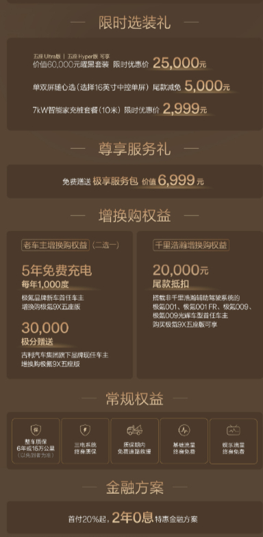 极氪9X五座版正式上市，限时权益价45.19万起，各种选配都送。这次没有发布会，
