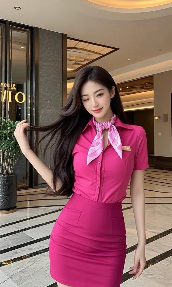 粉衣美人倚栏立，笑语如花映春光。粉裙花影 粉纱花衣美人