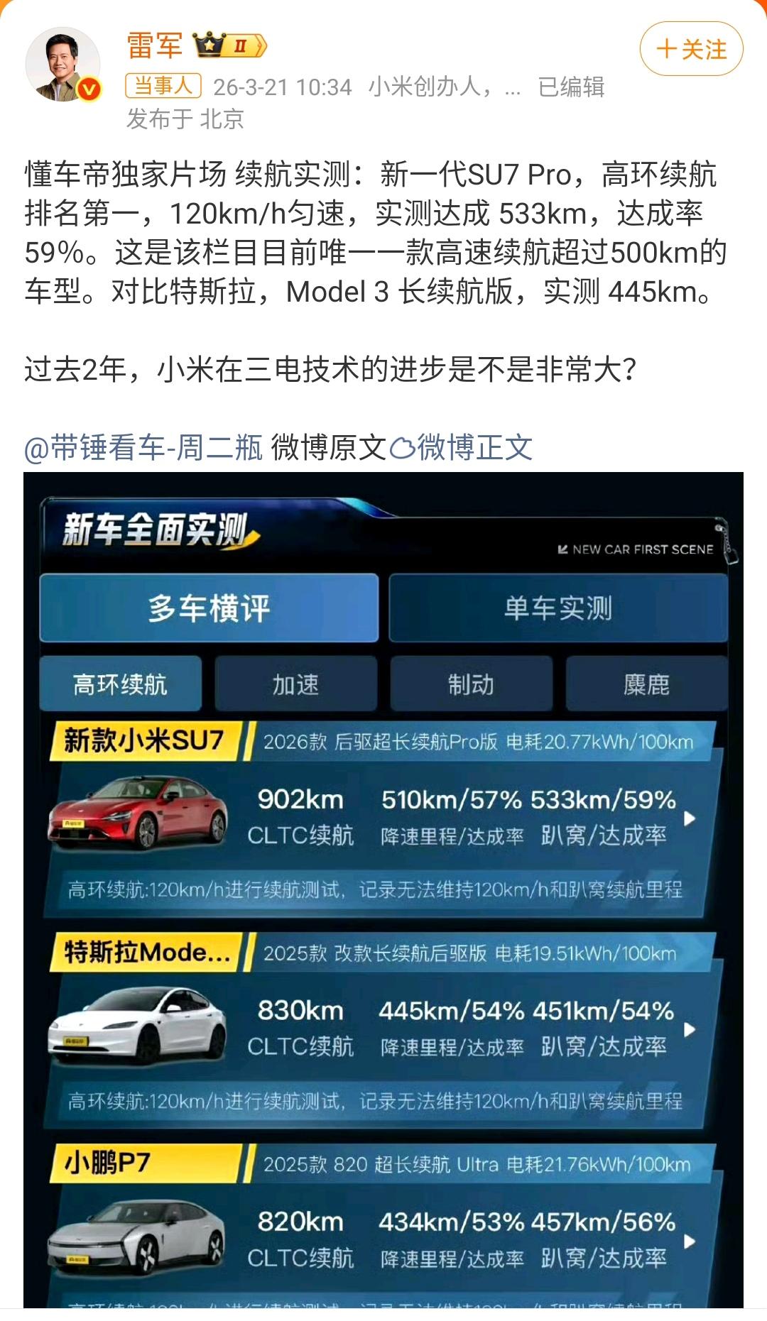 雷军：新一代小米SU7的续航表现要好过特斯拉Model 3！

小米SU7的电池