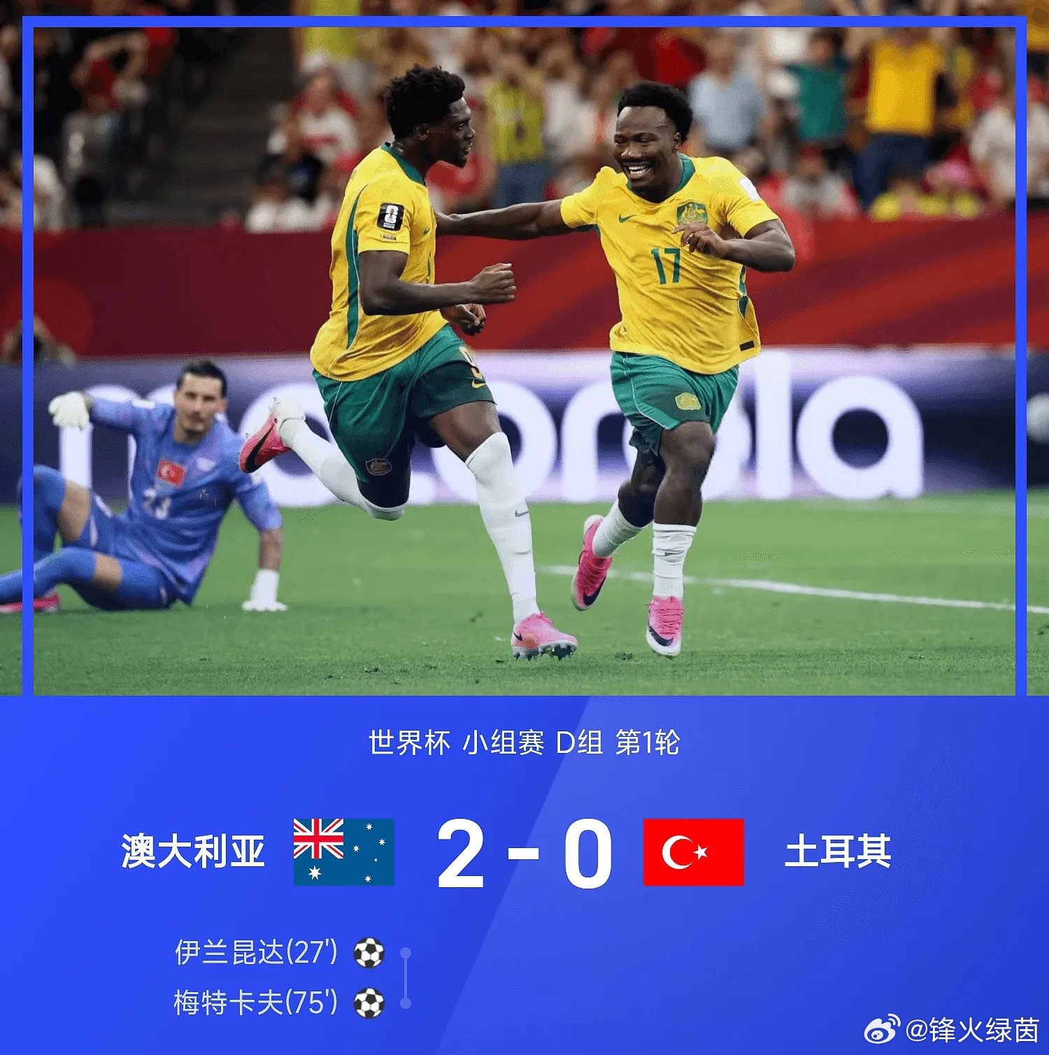 2026世界杯世界杯小组赛D组第1轮，澳大利亚2-0战胜土耳其。全场比赛，伊兰昆