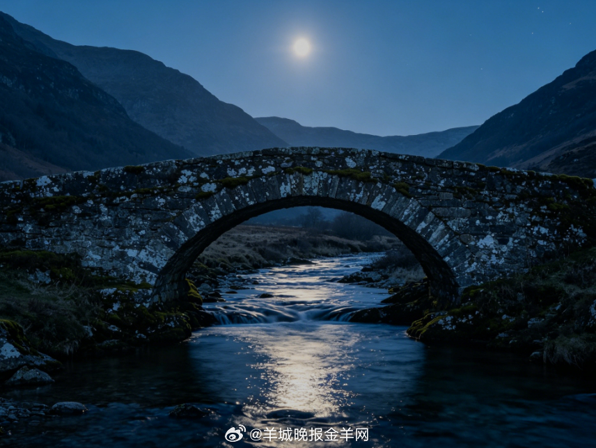 #晚安# 温润月光铺满古老石桥，山谷间溪流静静流淌，树影轻晃。独自倚在桥栏眺望朦
