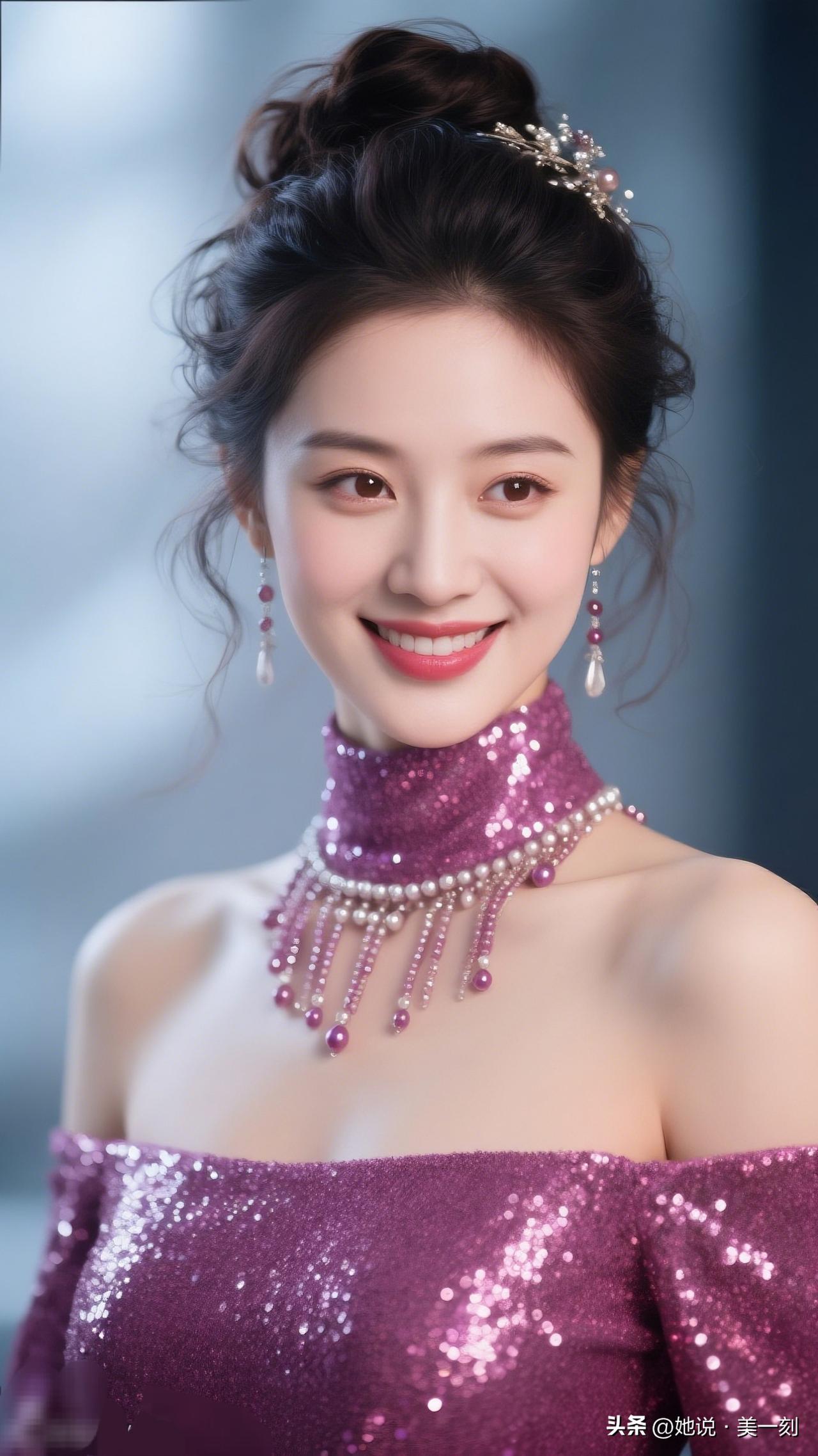 紫衣美人笑，珠光映月华✨闪耀紫闪连衣裙✨✨✨你心中的美女啥模样