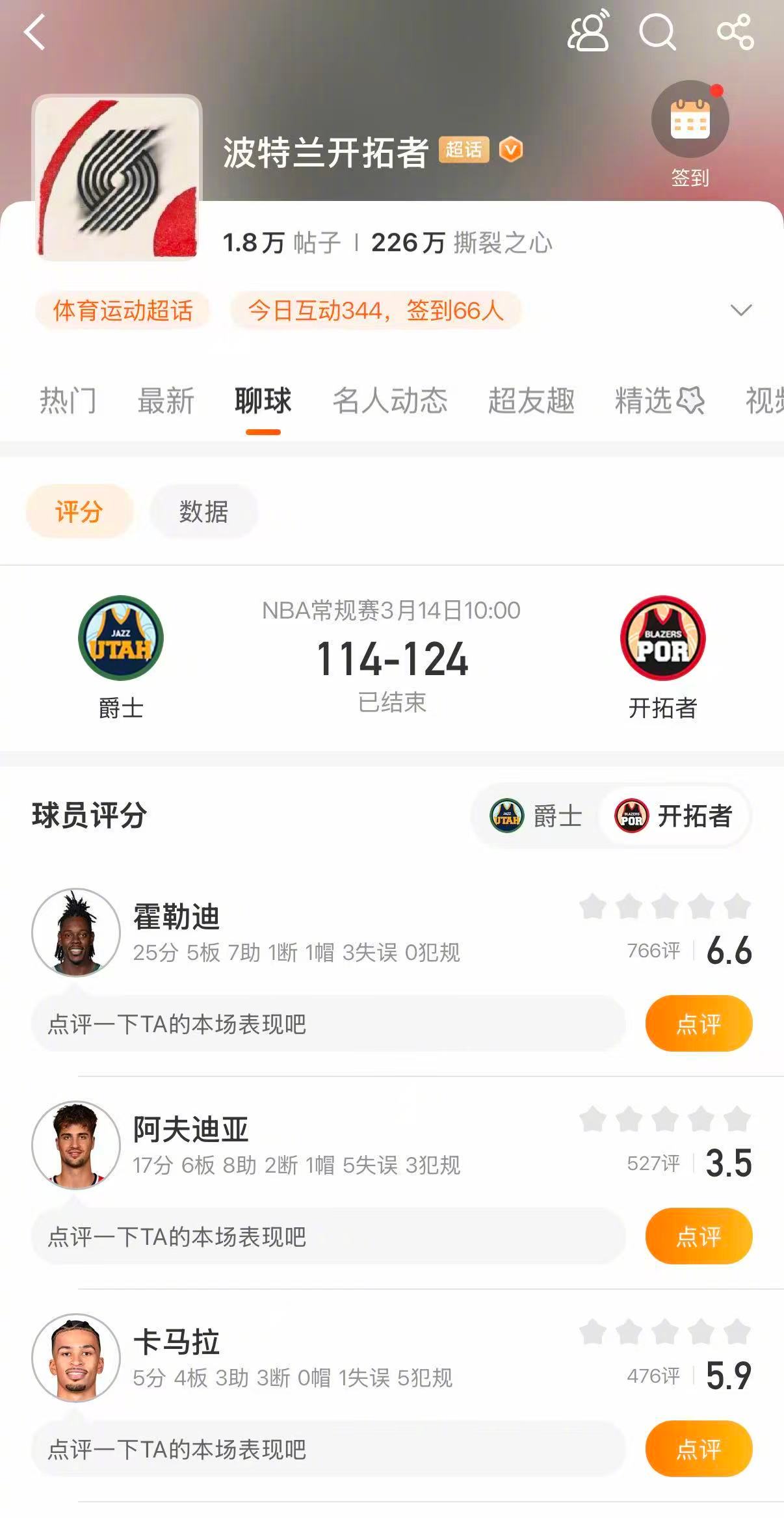 开拓者战胜爵士  开拓者124-114战胜爵士。杨瀚森登场48秒没有得分，霍勒迪