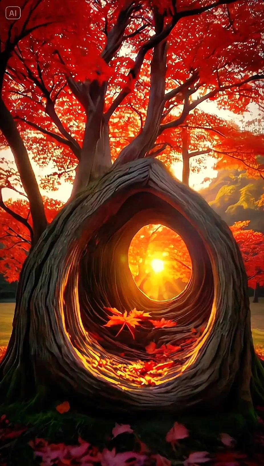 梦幻树洞，秋日童话，静谧时光。#秋天里的树# #图片中的秋色。# #秋天童话的世