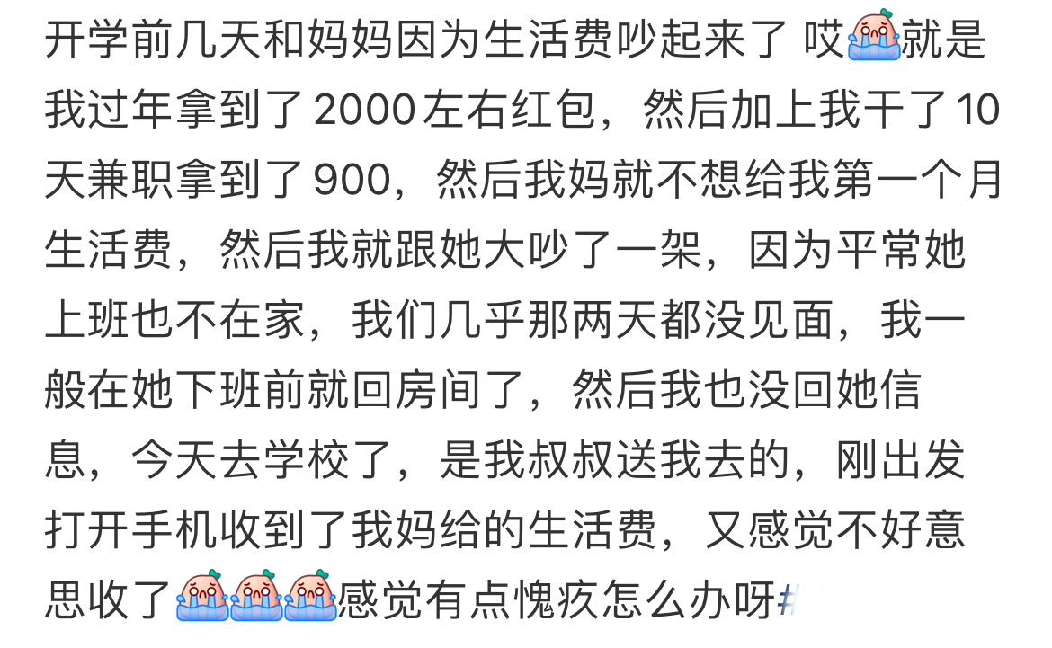 开学前几天和妈妈因为生活费吵起来了