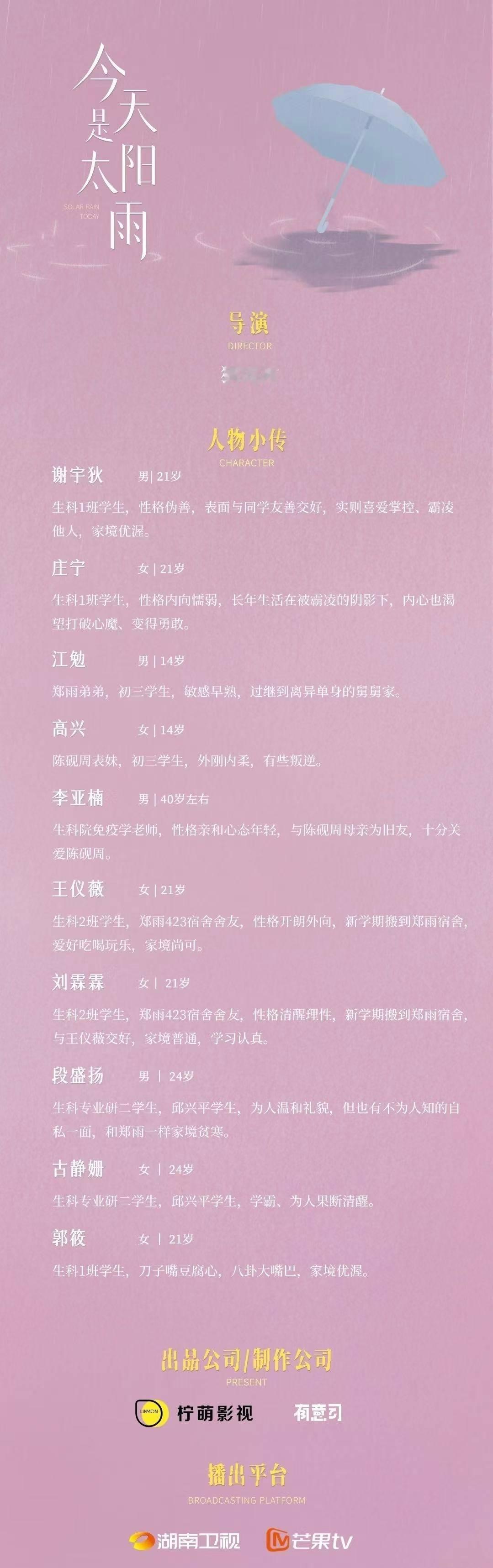 🍉杨超越毕雯珺《今天是太阳雨》人物小传🈶11月开机 ​​​