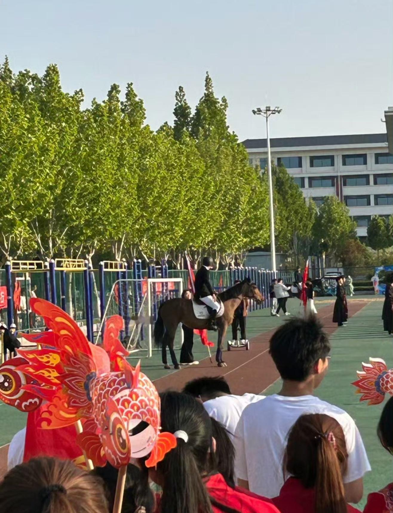 山东一高校运动会骏马惊艳亮相 当骏马驰骋入场，马蹄翻飞，青春与豪情瞬间拉满。这不