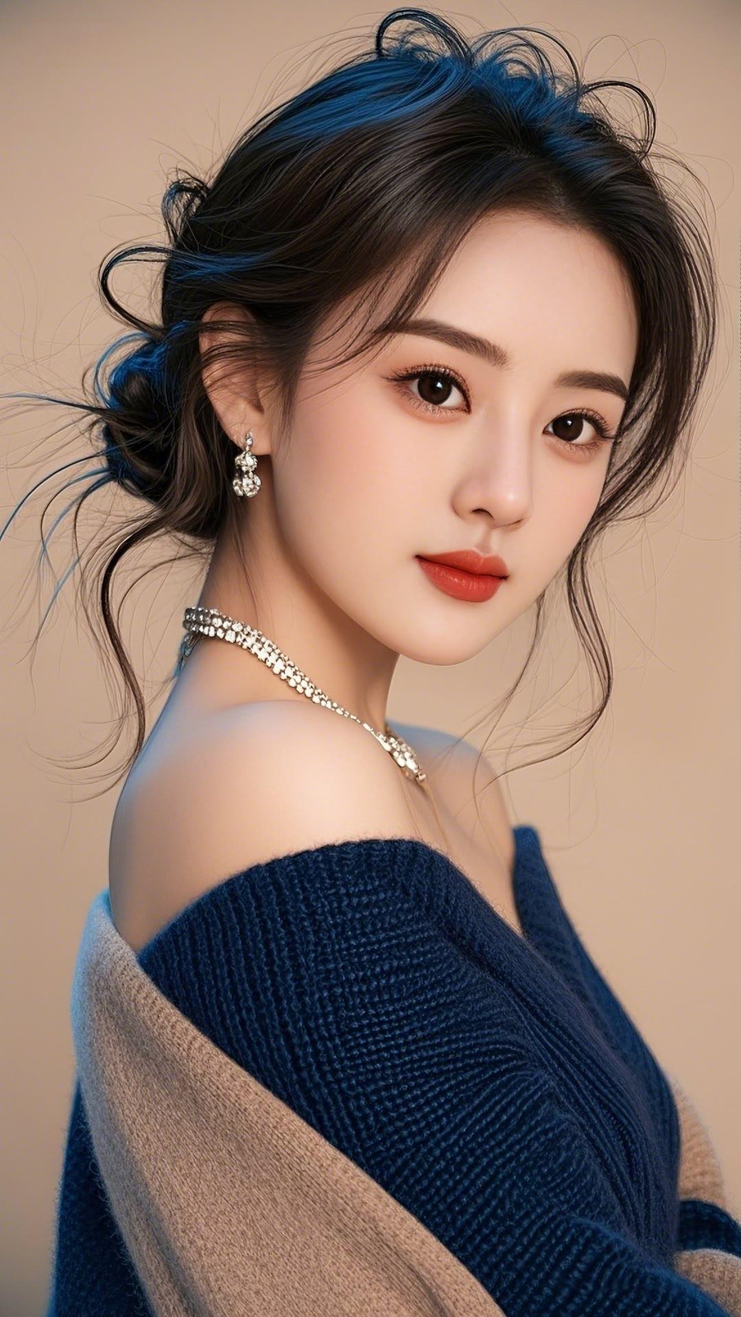 优雅蓝发少女，梦幻妆容，闪耀项链，温柔微笑，时尚穿搭