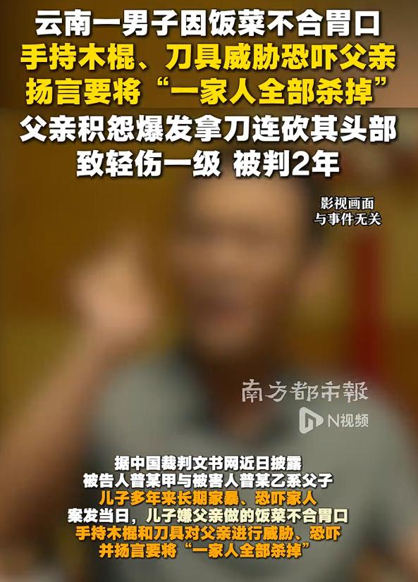 儿子嫌饭难吃扬言杀全家被父砍伤，根据判决文书披露，这个儿子长期家暴和恐吓家人，甚