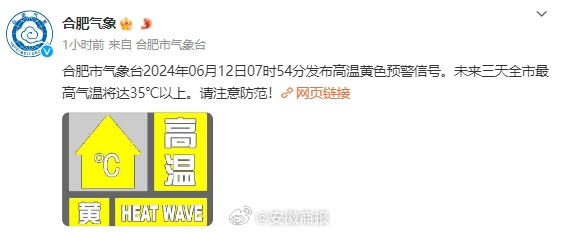 #安徽热浪来袭# 6月12日7时54分合肥市气象台发布高温黄色预警信号未来三天#