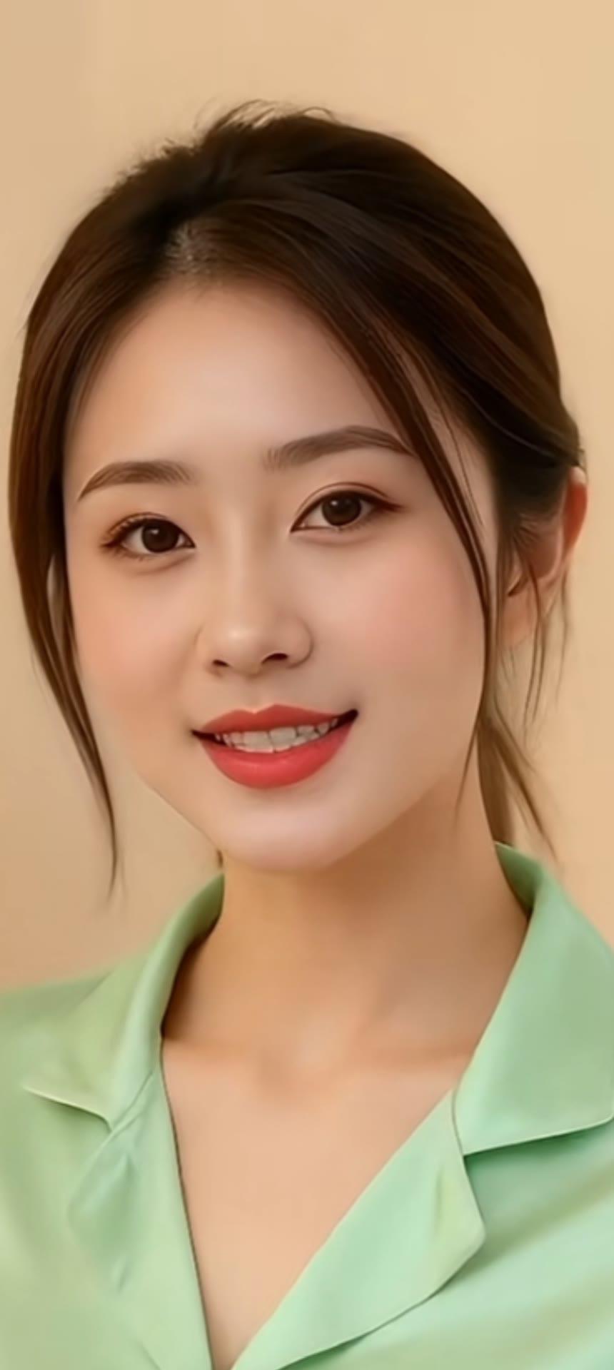 温柔微笑，清新自然，浅绿色衬衫，元气满满的一天！🌸💚🌸