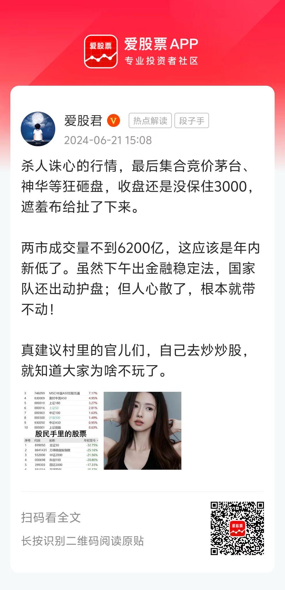 杀人诛心的行情，最后集合竞价茅台、神华等狂砸盘，收盘还是没保住3000，遮羞布给