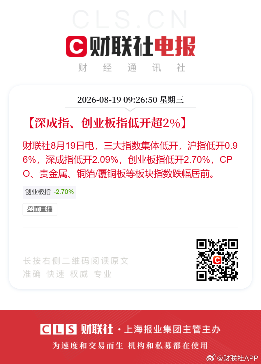 【深成指、创业板指低开超2%】财联社8月19日电，三大指数集体低开，沪指低开0.