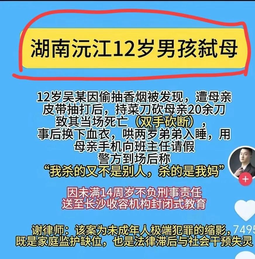 湖南沅江12岁男孩弑母，因偷抽香烟被发现，竟然抄起菜刀砍了20多刀，连妈双手都砍