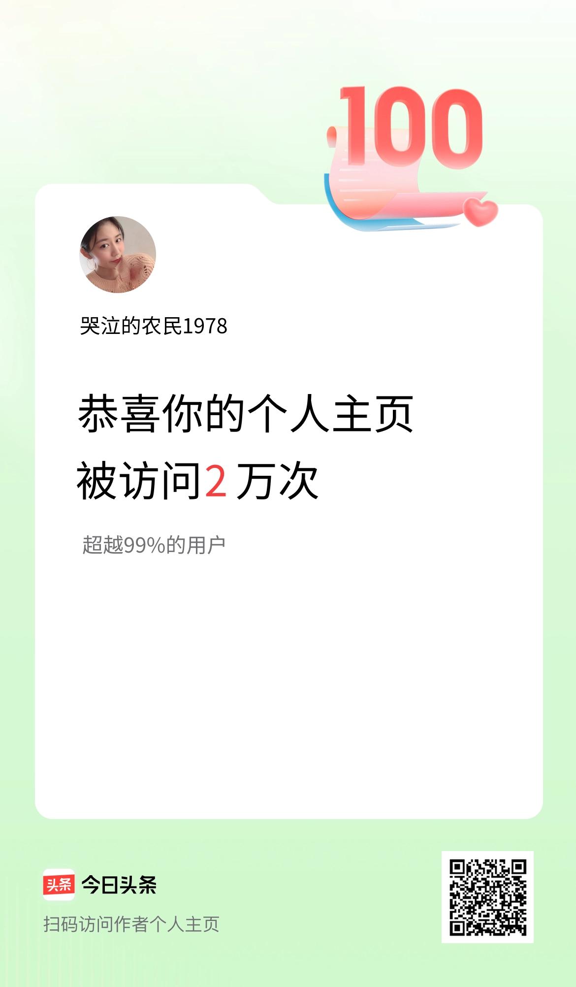 我的头条个人主页被访问2万次啦！
