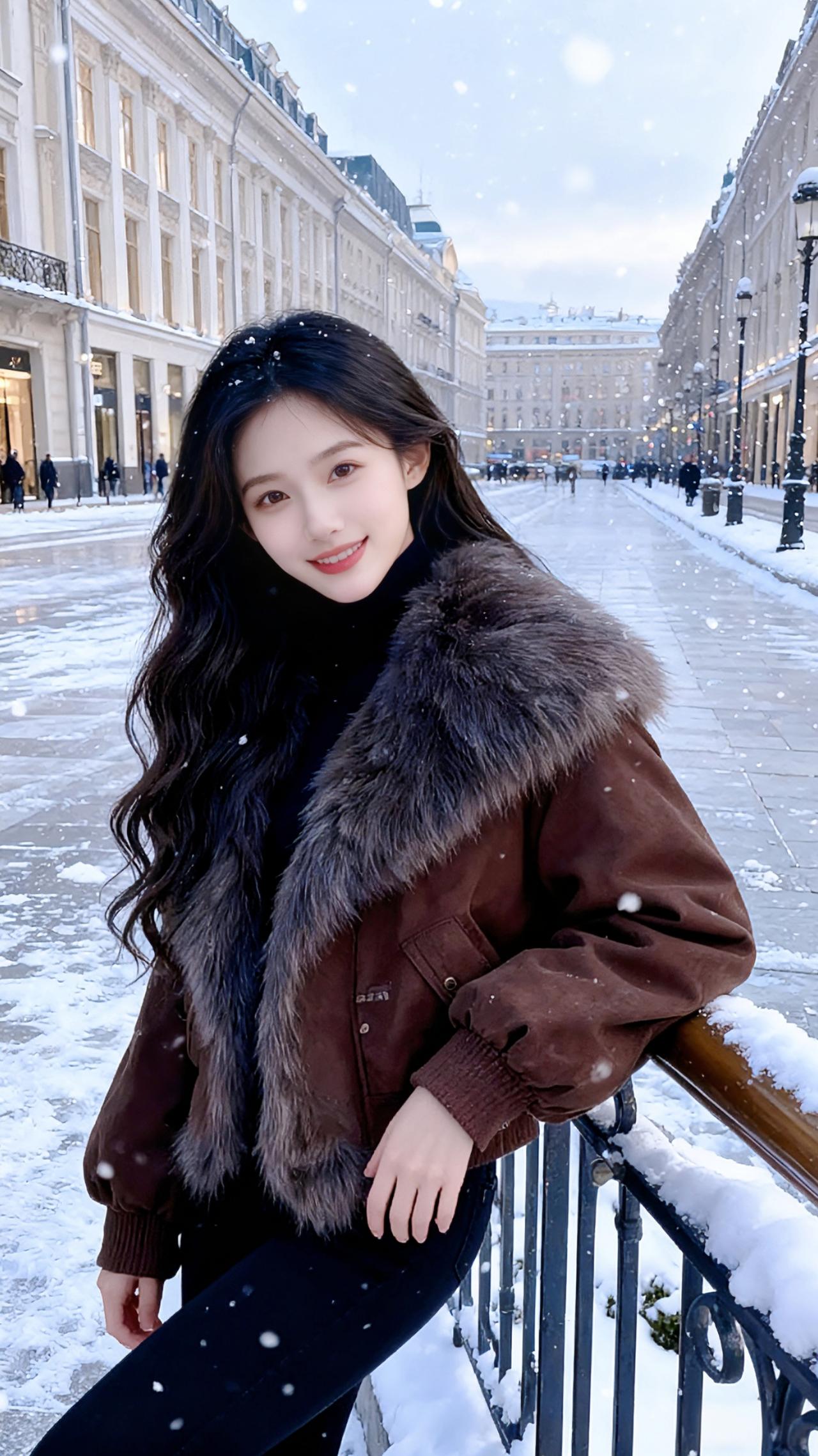 灰调的毛绒裹着初冬的暖意，她是商场流光里轻跃的风。
 
长发漫过肩线时，像把星子