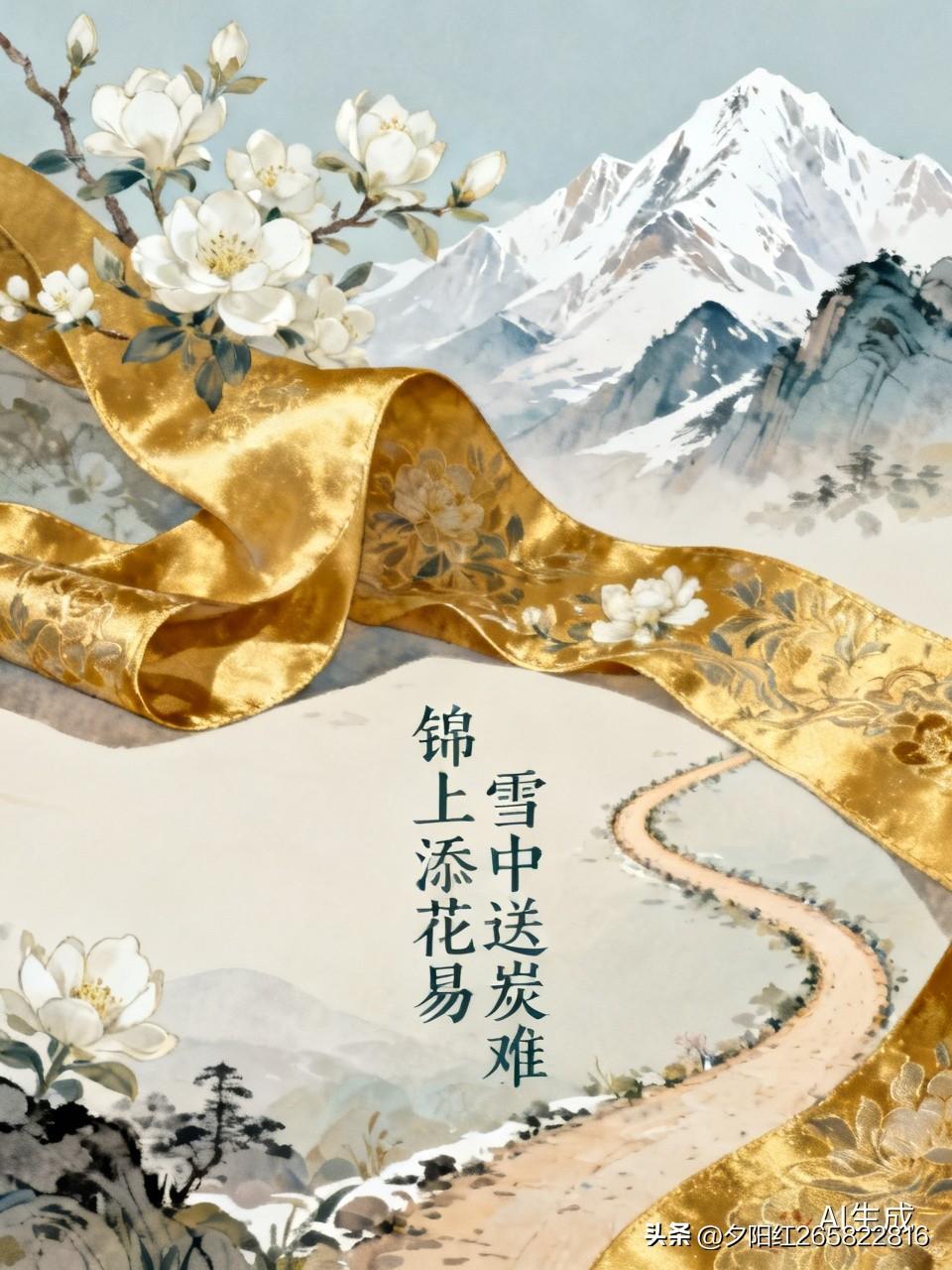 当我看到“锦上添花易″，就联想到"雪中送炭难”，这对子太贴切了。就像这人在风光时