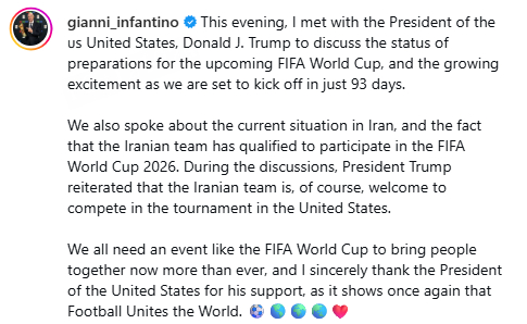 特朗普欢迎伊朗参加世界杯  因凡蒂诺社媒发文称：特朗普欢迎伊朗参加世界杯。“今晚