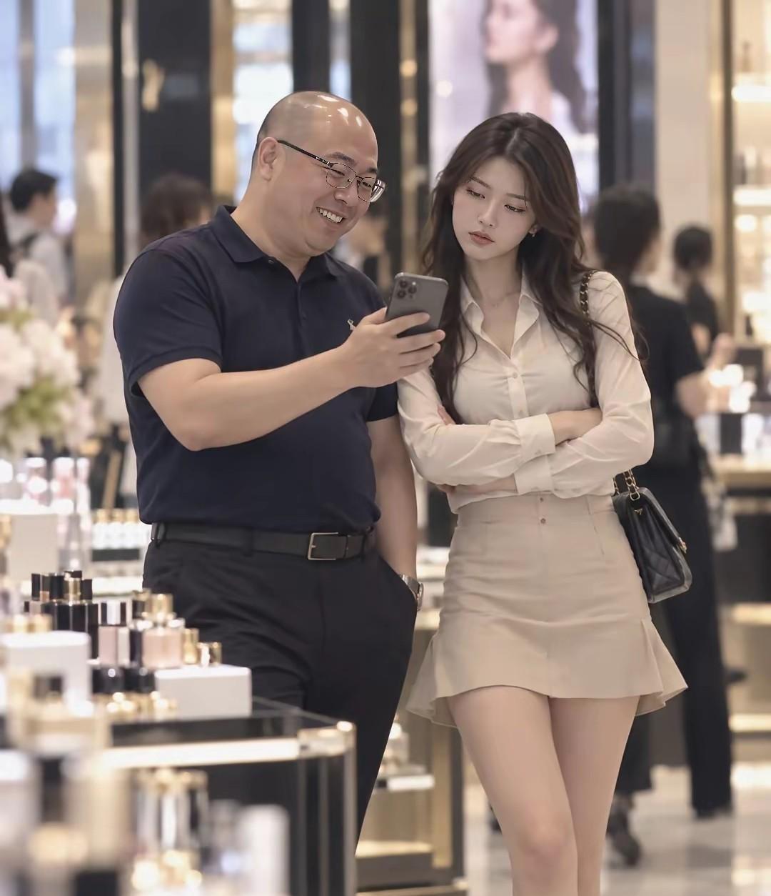 这俩人绝对不是一家人，看着美女就感觉很无可奈何的样子，我估计这应该是她的老板吧，