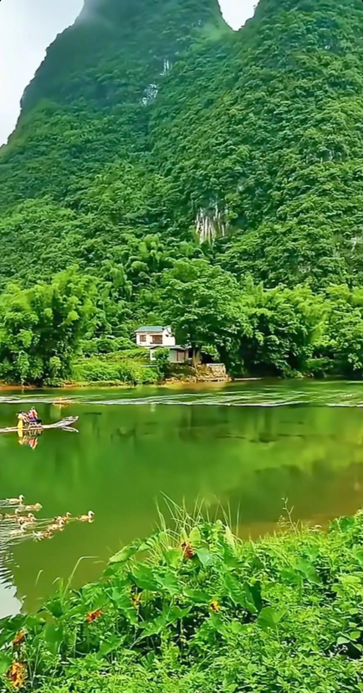 青山绿水环绕，竹筏划过水面，渔人垂钓，鸭群嬉戏。这宁静美好的画面，让人忘却尘世烦