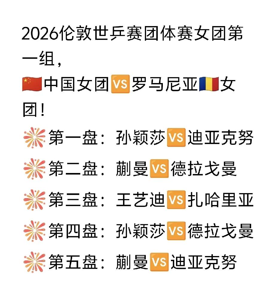 5月2日伦敦世乒赛小组赛第一场，国乒女队一罗马尼亚队
莎莎一单3一0迪亚克努
1