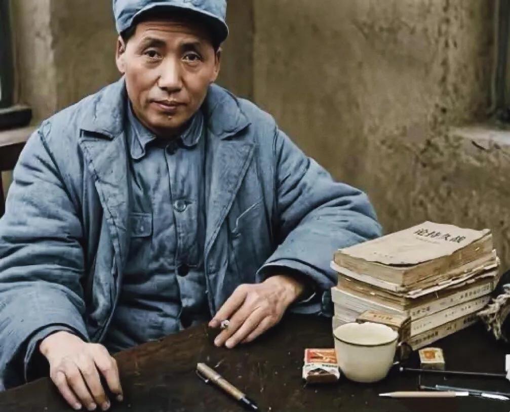 在延安的窑洞里，一张木桌，一盏油灯，几卷书稿，一位伟人。毛主席静坐桌前，《论持久