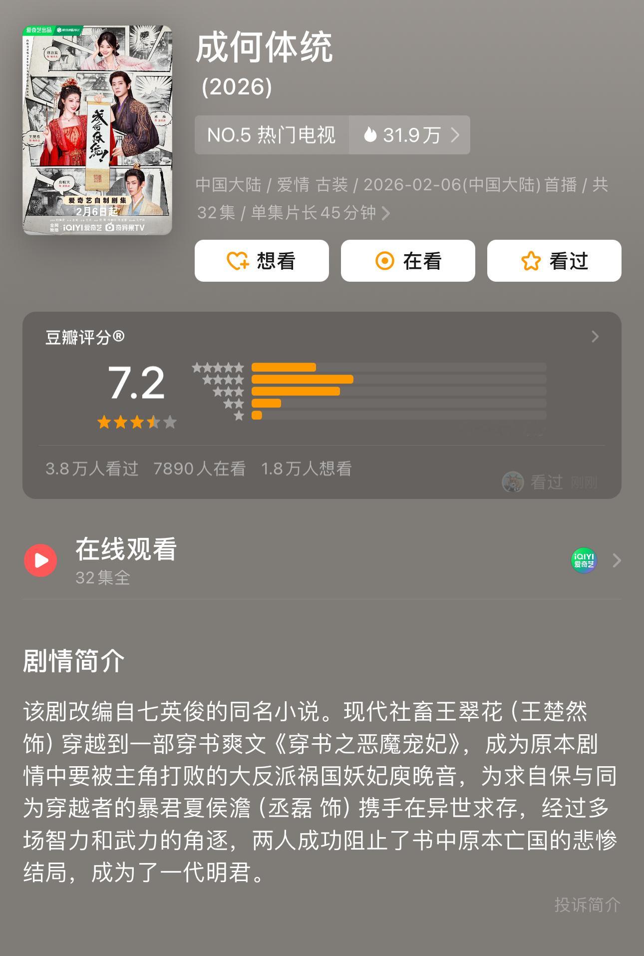 丞磊王楚然《成何体统》豆瓣开分7.2🥹成何体统豆瓣开分7.2