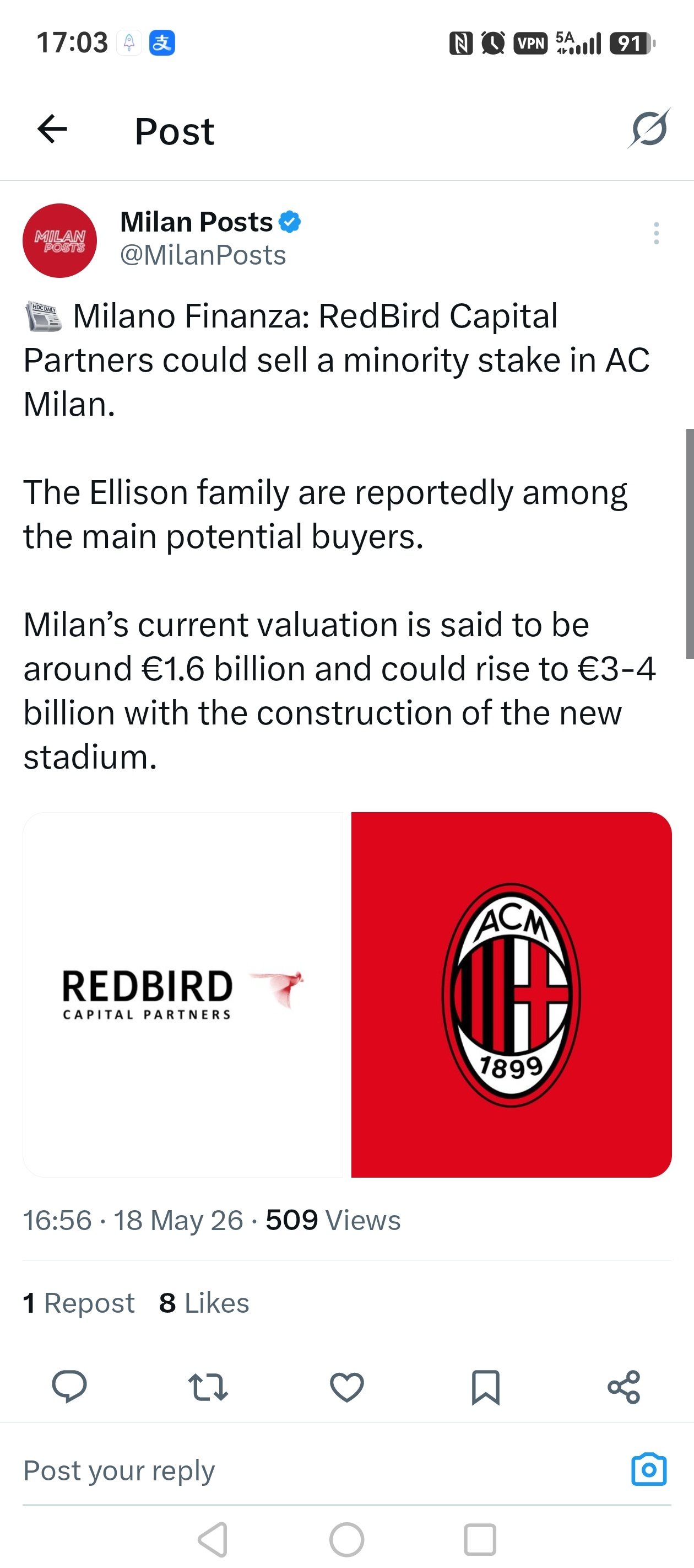 根据MIlano Finanza的报道，红鸟资本可能出售少部分的AC米兰 股份，