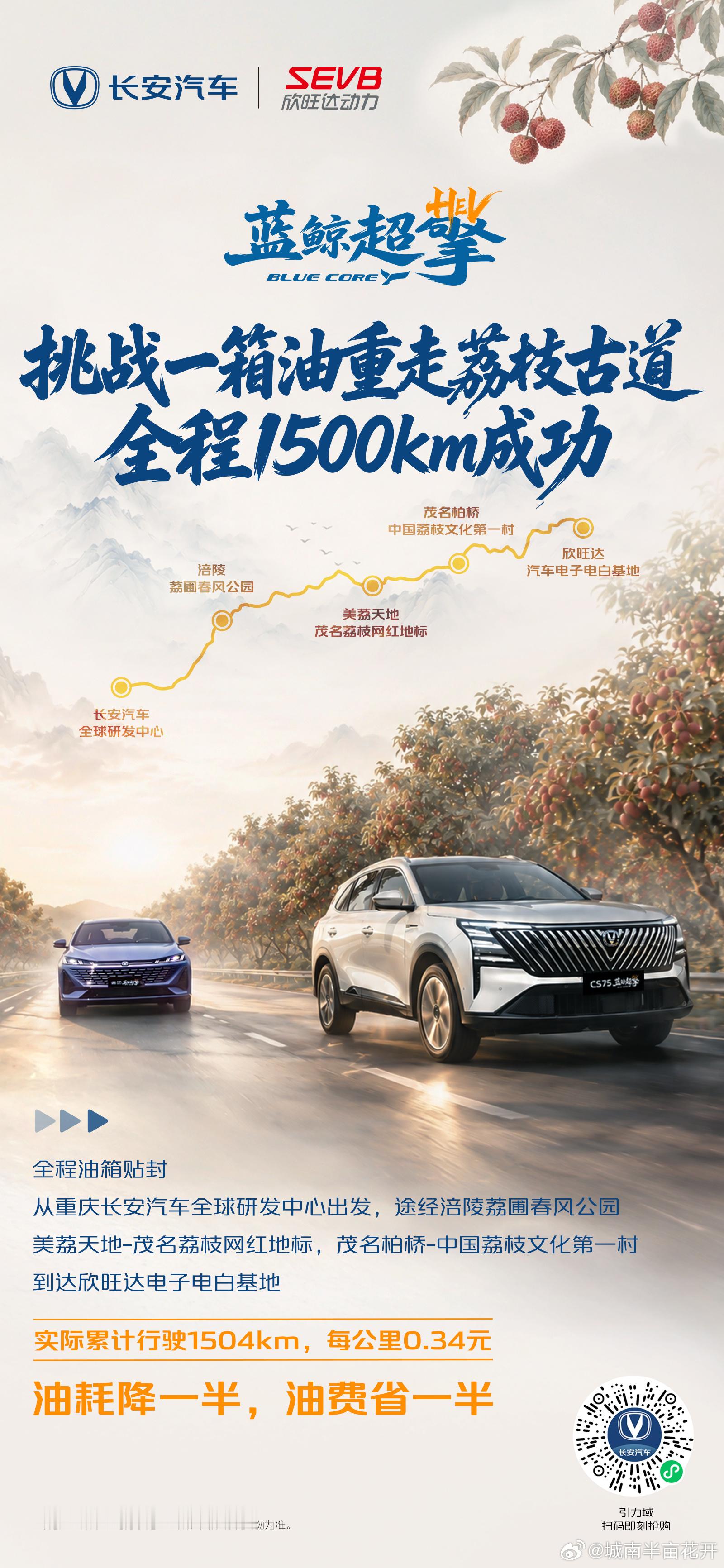 长安汽车 挑战成功！长安蓝鲸超擎混动一箱油1500公里重走荔枝古道，从重庆长安全