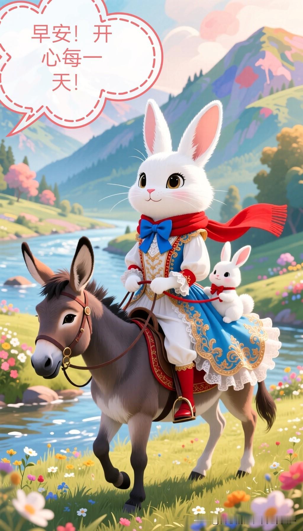 祝福！早安！新的一天开始了，大脸猫和小马，白兔祝愿您幸福平安，快乐每一天，202