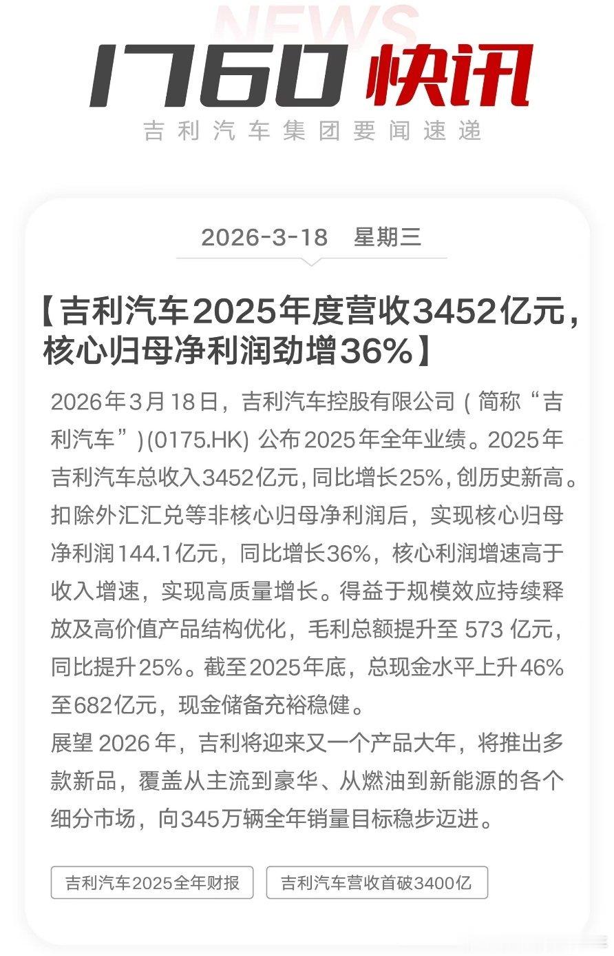 吉利汽车2025年财报出炉：2025年总收入3452亿元，创历史新高，核心归母净
