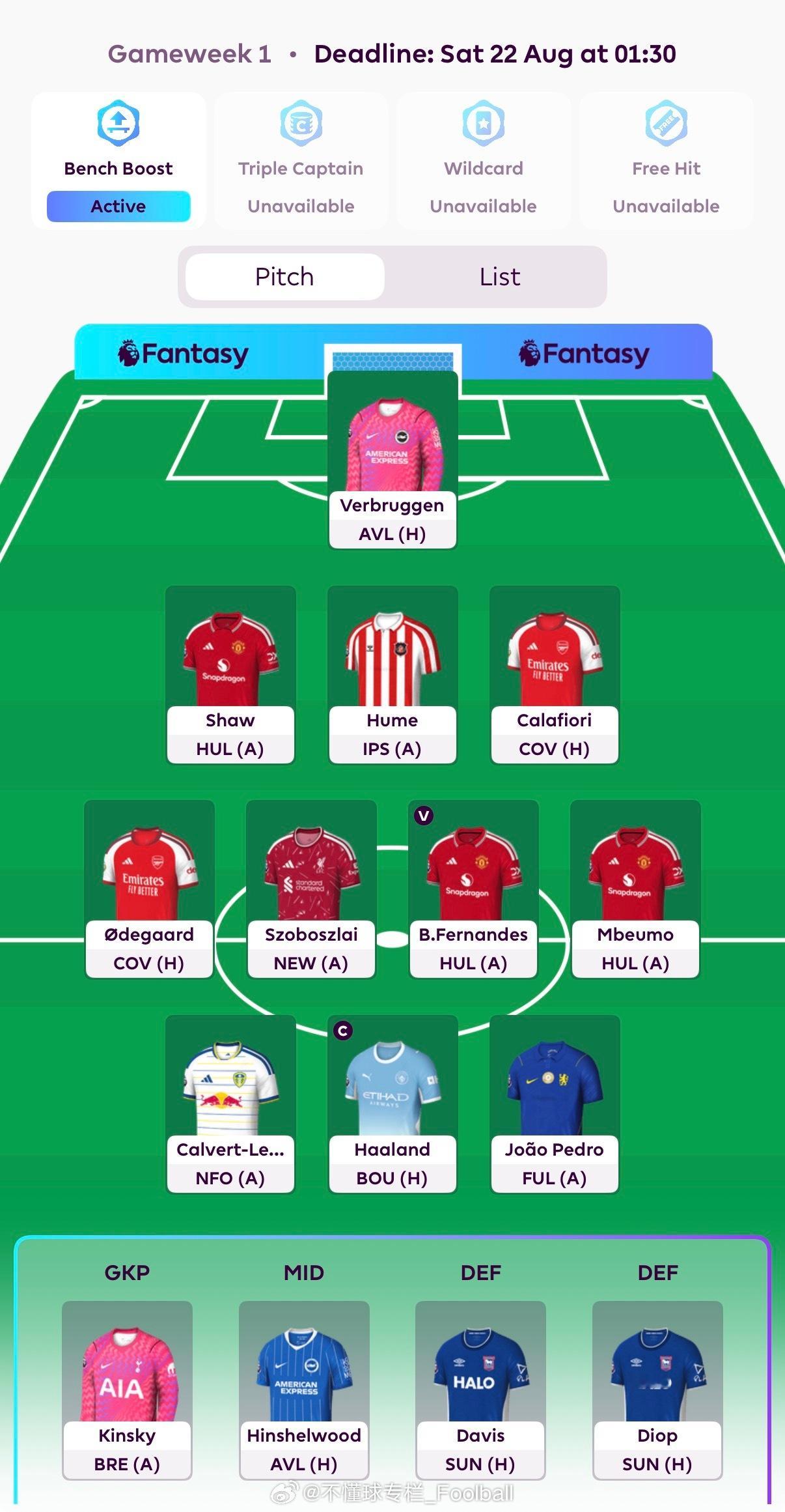 我的GW1 FPL阵容，五颜六色。就像下周五的八万人看台一样。fpl英超联赛