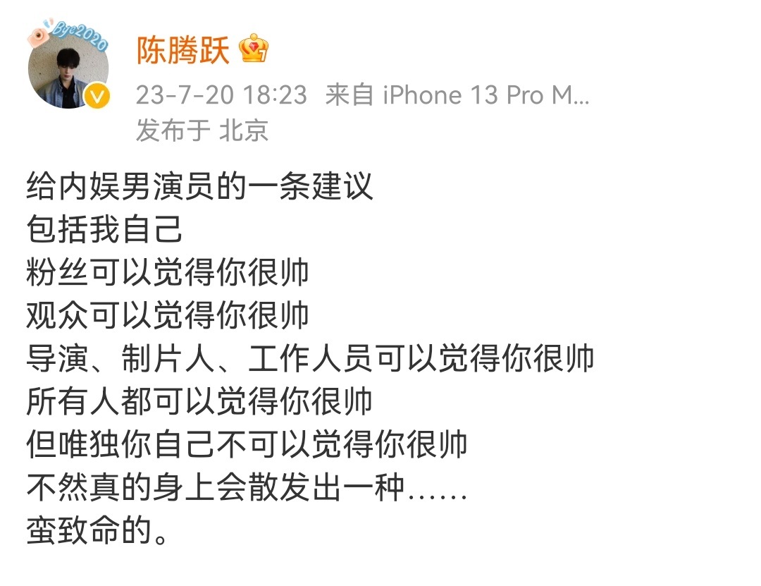 给所有的内娱男演员一条建议：谁都可以觉得你帅，但唯独你自己不行…——陈腾跃网剧《