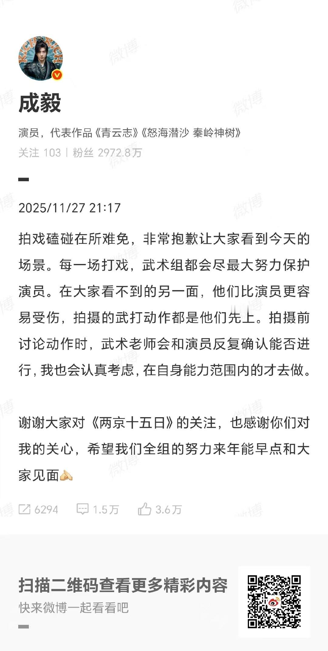 成毅工作室与剧组沟通加强后续防护措施成毅经初步检查确认身体并无不适 经初步检查确