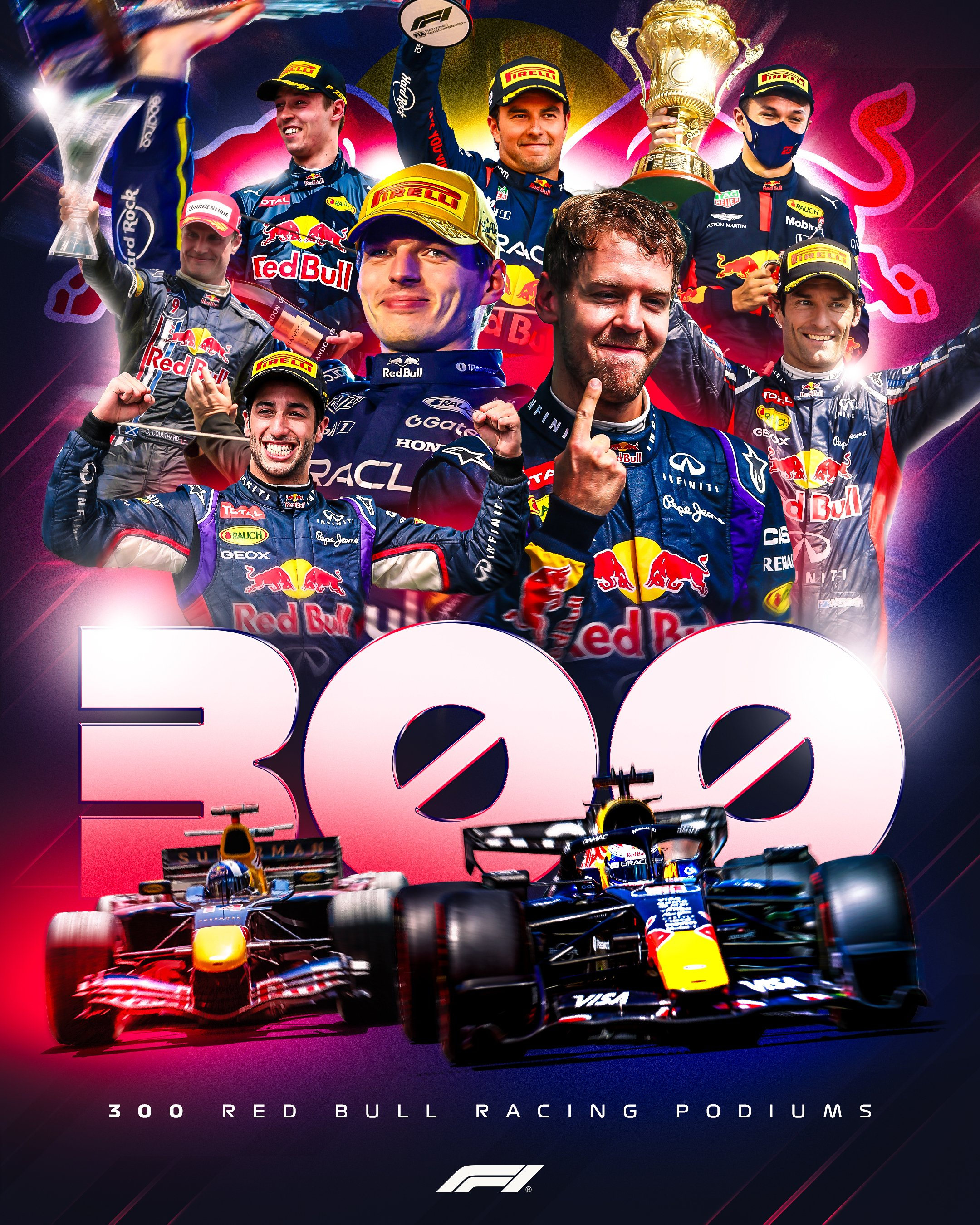 红牛在F1比利时大奖赛中达成队史300次领奖台成就🏆维斯塔潘130次，维特尔6