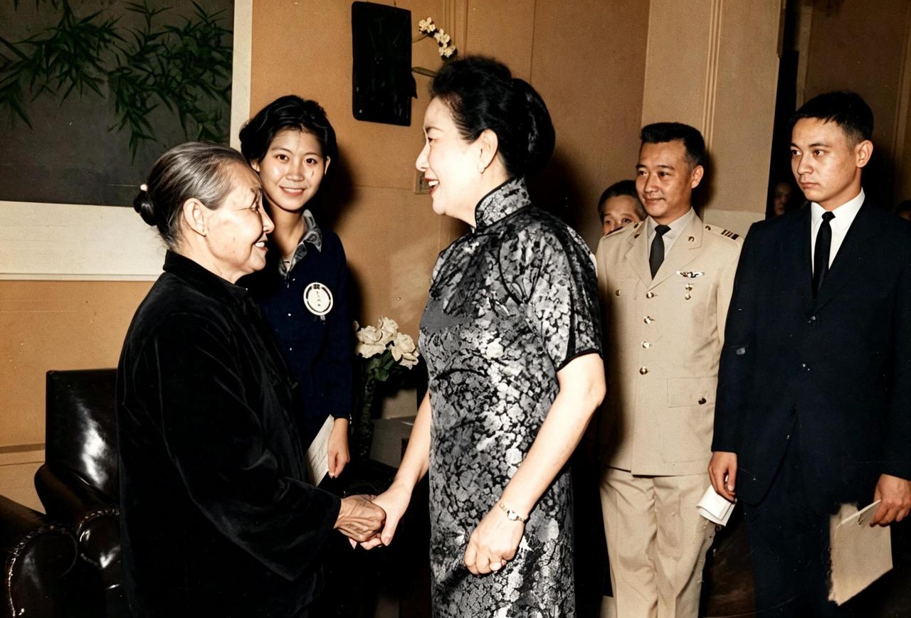 这是一位老太太与身穿旗袍的宋美龄握手寒暄。宋后面孙子蒋孝勇一脸懵，应该不知道这位