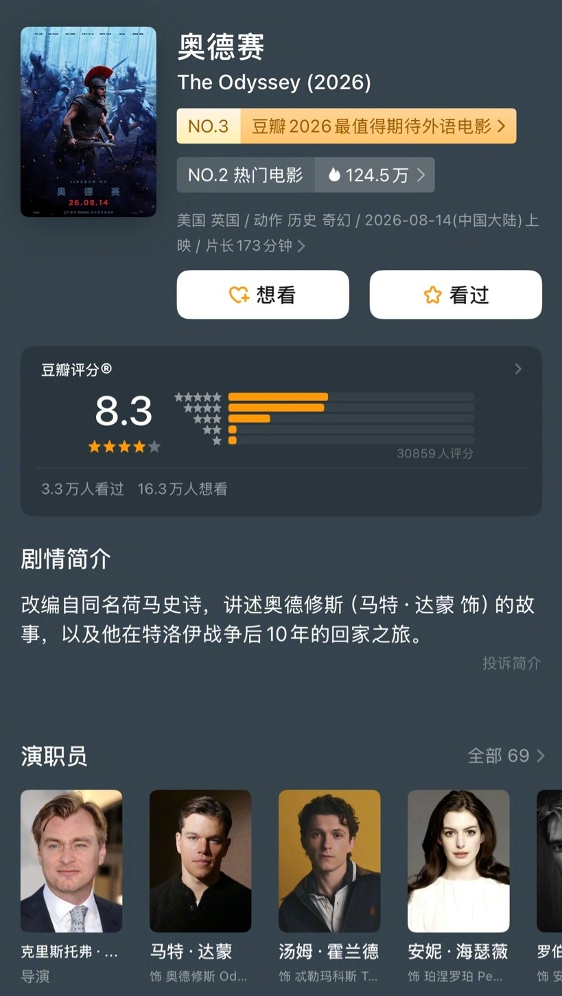《奥德赛》豆瓣评分升到8.3了！诺兰