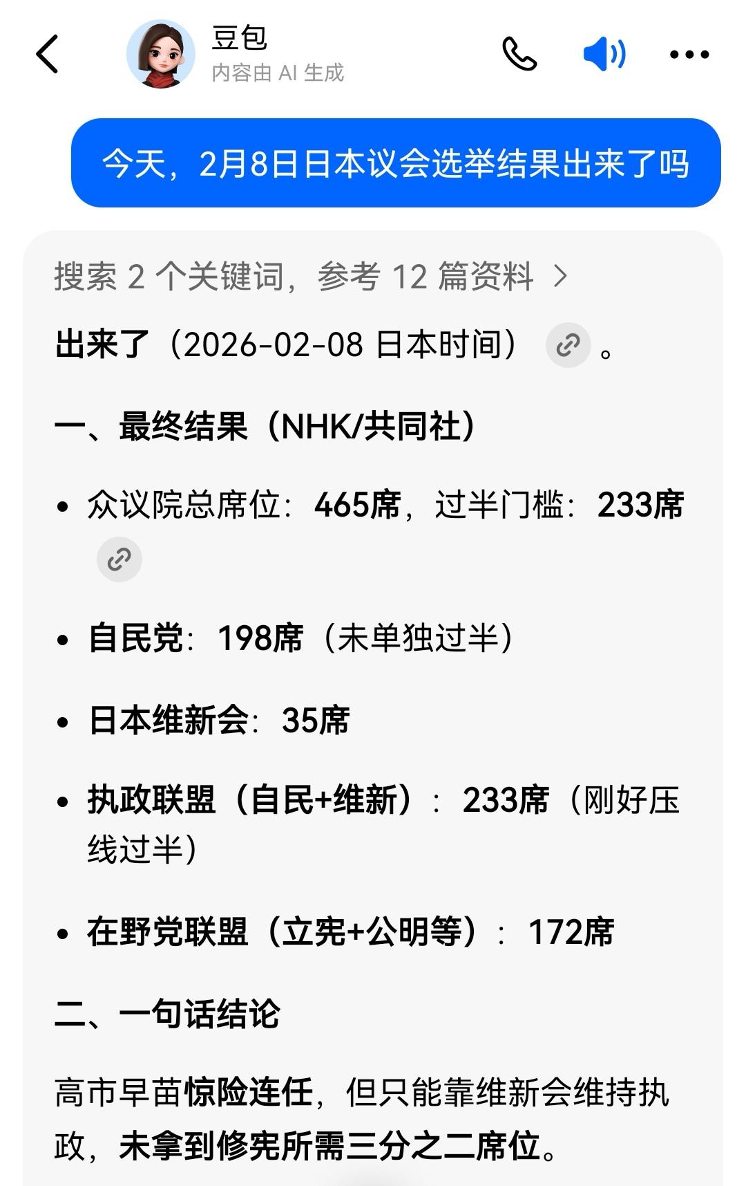 关于日本议会今天的选举结果豆包给编了这么一组数据，你觉得怎么样？