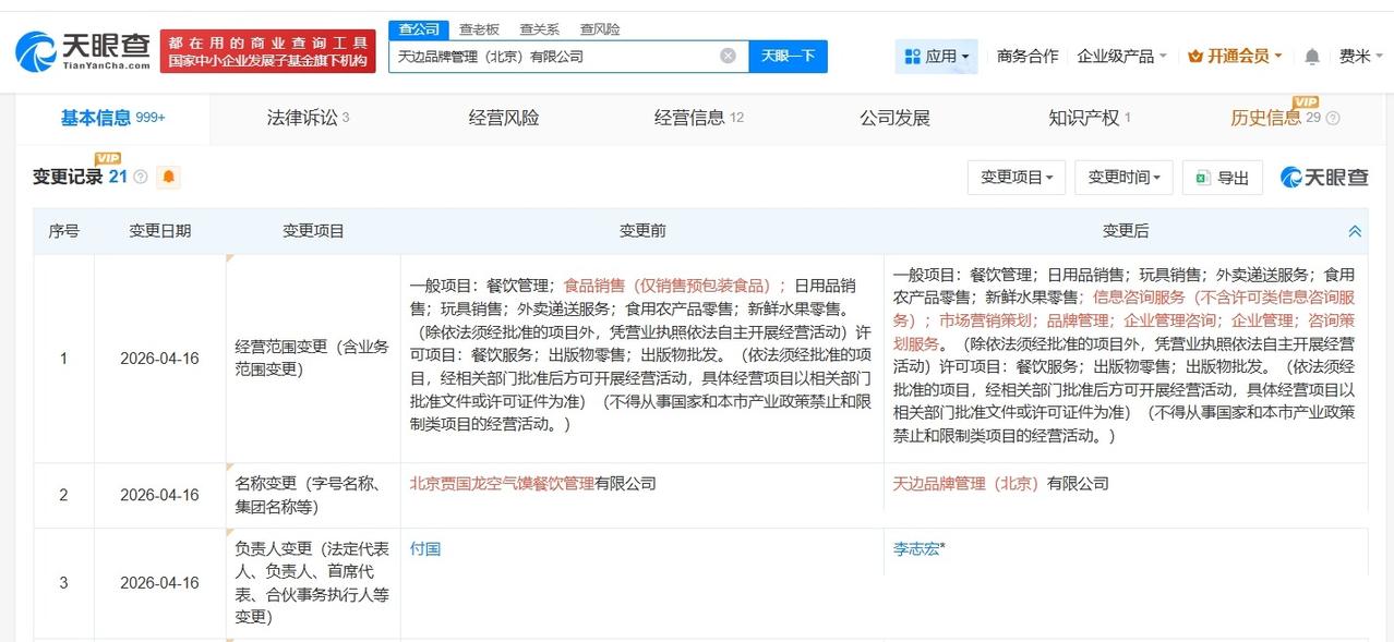 贾国龙天边焖面关联公司完成更名

贾国龙天边焖面关联公司变更高管
天眼查App显